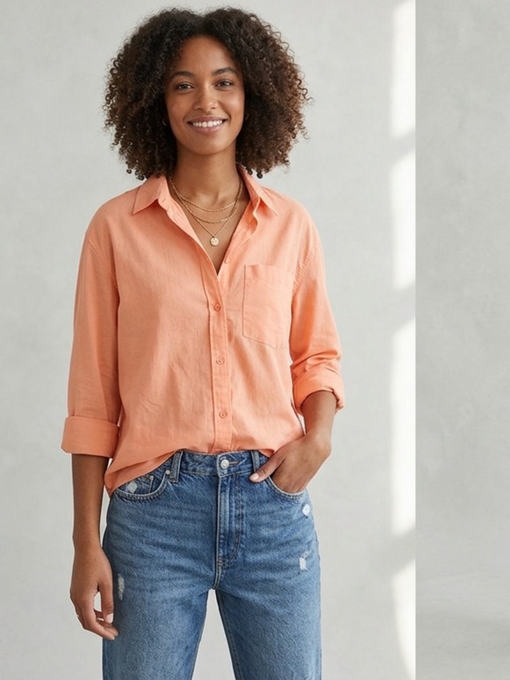 Vintage H&M Divided Archive Peach Cotton Boyfriend Button Down Shirt Top EUC S